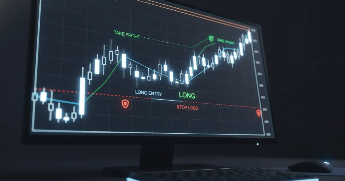 Dark-themed trading chart illustration showing a stop loss placed below a key support level, with a clean price chart, a highlighted risk zone, and visual emphasis on stop placement.