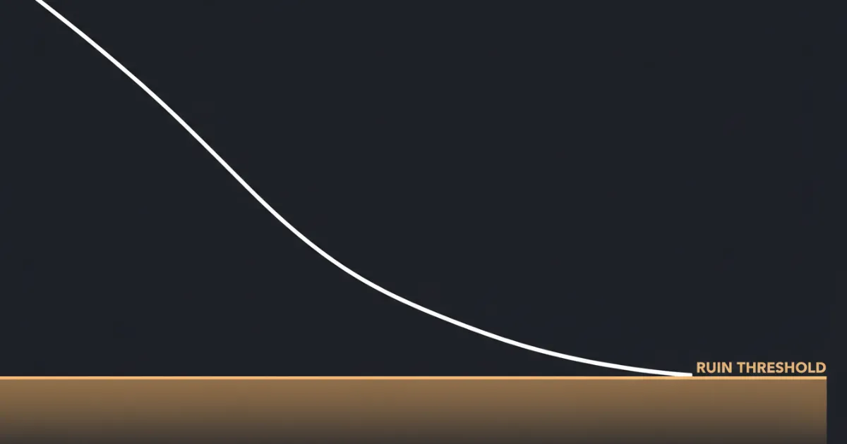 A descending white equity curve on a dark charcoal background approaching a horizontal amber threshold line near the bottom of the frame. The zone below the threshold line is filled with a faint amber gradient.